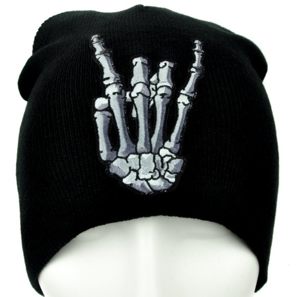 Skeleton Hand Horns Up Black & White Beanie Knit Cap Hat Punk Emo Grunge Metal - Picture 1 of 9